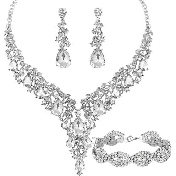 Paxuan Wedding Bridal Bridesmaid Austrian Crystal Rhinestone Jewelry Sets Statement Choker Necklace Drop Dangle Earrings Sets for Wedding Party Prom