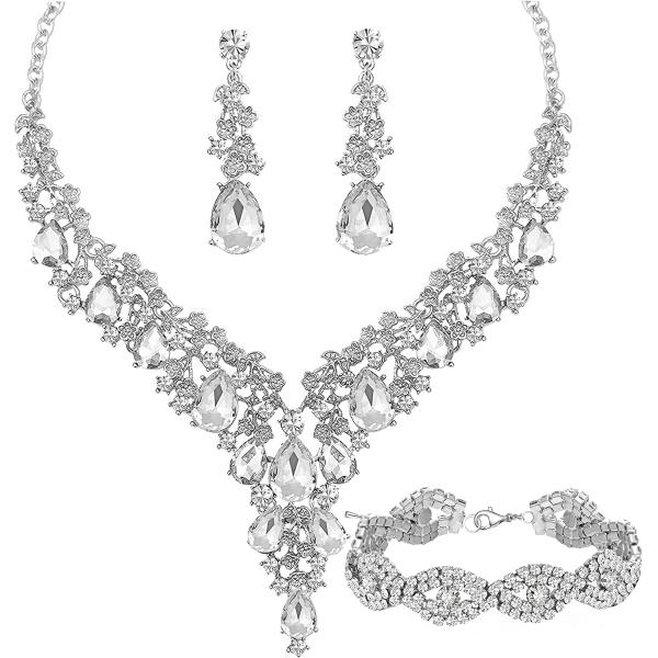 Paxuan Wedding Bridal Bridesmaid Austrian Crystal Rhinestone Jewelry Sets Statement Choker Necklace Drop Dangle Earrings Sets for Wedding Party Prom