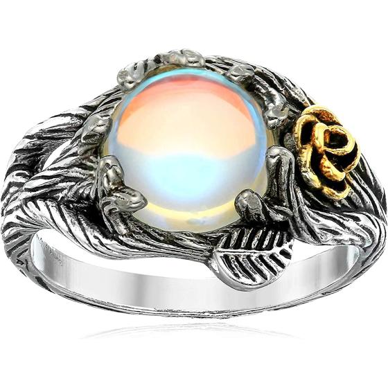 JESMING Rose Moonstone Ring Moon Ring 925 Cute Sterling Silver Rings Leaf Ring Wiccan Jewelry Rose Flower Ring Witchy Jewelry Healing Crystals Ring Antique Rings Moon Stones Ring for Women