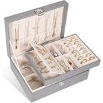 Voova Jewelry Box Organizer for Women Girls, 2 Layer Large Men Jewelry Storage Case, PU Leather Display Jewellery Holder with Removable Tray for Necklace Earrings Rings Bracelets, Vintage Gift,Grey