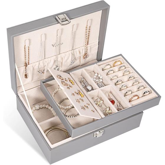 Voova Jewelry Box Organizer for Women Girls, 2 Layer Large Men Jewelry Storage Case, PU Leather Display Jewellery Holder with Removable Tray for Necklace Earrings Rings Bracelets, Vintage Gift,Grey