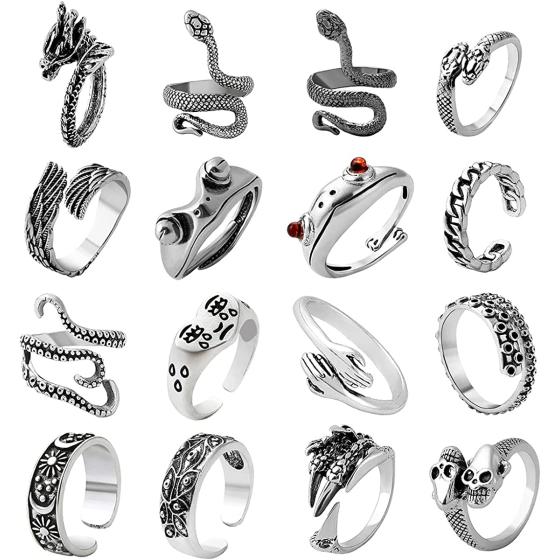 AIDSOTOU Mens Vintage Open Rings Set Frog Snake Skull Cool Punk Goth Ring for Men Women Girls Adjustable