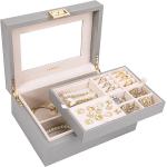 LANDICI Jewelry Organizer Box for Women Teen Girls,Large Jewelry Storage Case with Mirror,2 Layer Removable Stackable Tray,Leather Jewellery Display Holder for Ring Necklace Earring Bracelets,Grey