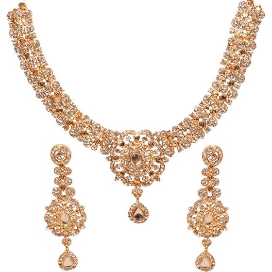 Touchstone Indian Bollywood enchanting floral diamond studded look Rhinestone embellished bridal designer jewelry necklace set for women in silver or white tone.