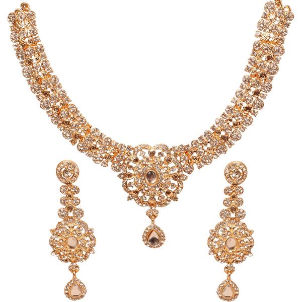 Touchstone Indian Bollywood enchanting floral diamond studded look Rhinestone embellished bridal designer jewelry necklace set for women in silver or white tone.