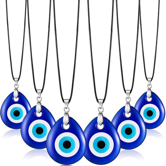 Yaomiao 6 Pieces Evil Eye Pendant Necklace Turkish Blue Eye Necklace Glass Eye Leather Rope Chain Necklace for Women Men
