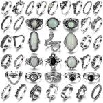Vintage Silver Knuckle Rings Set for Women Men, Chunky Rings Aesthetic Snake Grunge Stackable Gothic Ring Adjustable Y2K Punk Bulky Boho Finger Alt of Rings, Stacking Fairy Skull Frog Heart Star Flower Midi Ring Pack