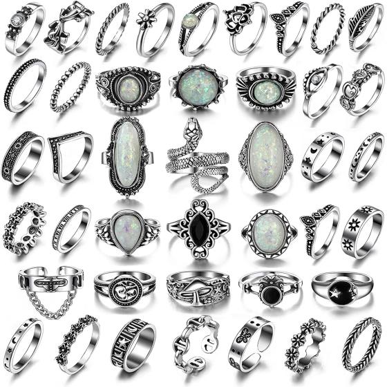 Vintage Silver Knuckle Rings Set for Women Men, Chunky Rings Aesthetic Snake Grunge Stackable Gothic Ring Adjustable Y2K Punk Bulky Boho Finger Alt of Rings, Stacking Fairy Skull Frog Heart Star Flower Midi Ring Pack