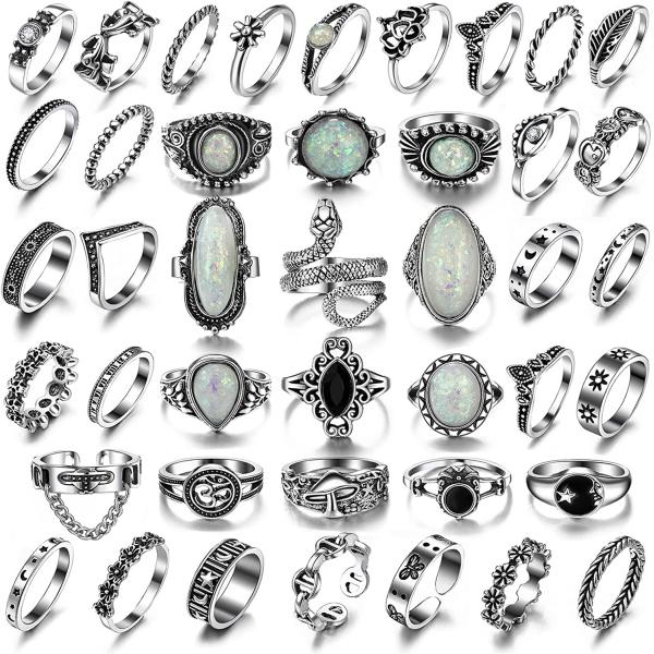 Vintage Silver Knuckle Rings Set for Women Men, Chunky Rings Aesthetic Snake Grunge Stackable Gothic Ring Adjustable Y2K Punk Bulky Boho Finger Alt of Rings, Stacking Fairy Skull Frog Heart Star Flower Midi Ring Pack
