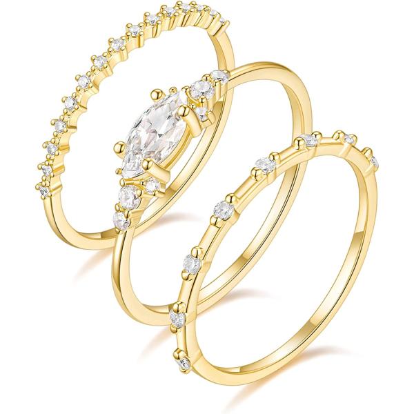 TIGRADE 1.5mm 14K Gold Plated Stacking Rings for Women Girls Fashion Knuckle Thin Gold Ring Marquise & Round Cubic Zirconia Statement Ring Size 3-13 1PC/3PCS