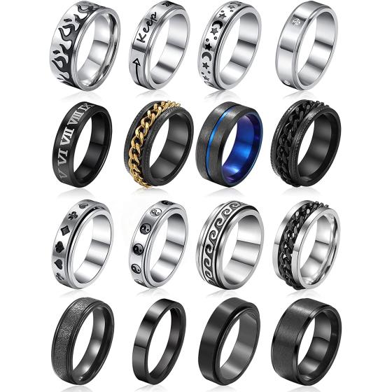 Stainless Steel Fidget Rings for Men, Sliver Fidget Rings for Anxiety for Women, Cool Spinner Ring Set, Black Mens Wedding Band Ring Pack