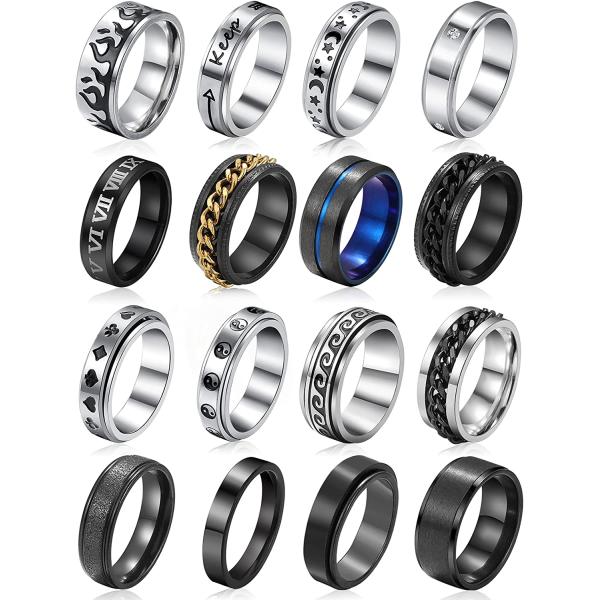 Stainless Steel Fidget Rings for Men, Sliver Fidget Rings for Anxiety for Women, Cool Spinner Ring Set, Black Mens Wedding Band Ring Pack