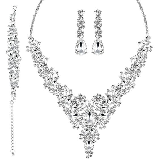 M?MIRACULOUS GARDEN 3/4 Pieces Women's Jewelry Sets Rhinestone Crystal Bridal Tiara Crown Choker Necklace Link Bangle Bracelet Teardrop Dangle Earrings Set and Rhinestone Handbag for Wedding Party