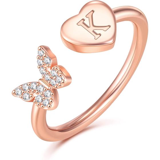 GLISHIVER Stackable Initial Rings for Women Girls, Rose Gold Plated Butterfly Capital Letter Initial Rings for Women Teens Girls Letter Rings Stackable Rings for Girls Teen Girls