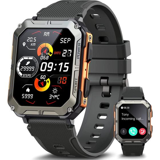 meoonley Military Rugged Smartwatch for Men,Sport Watch with Answer/Make Call IP68 1.83 inch Fitness Tracker Pedometer SpO2 for Outdoor Enthusiasts