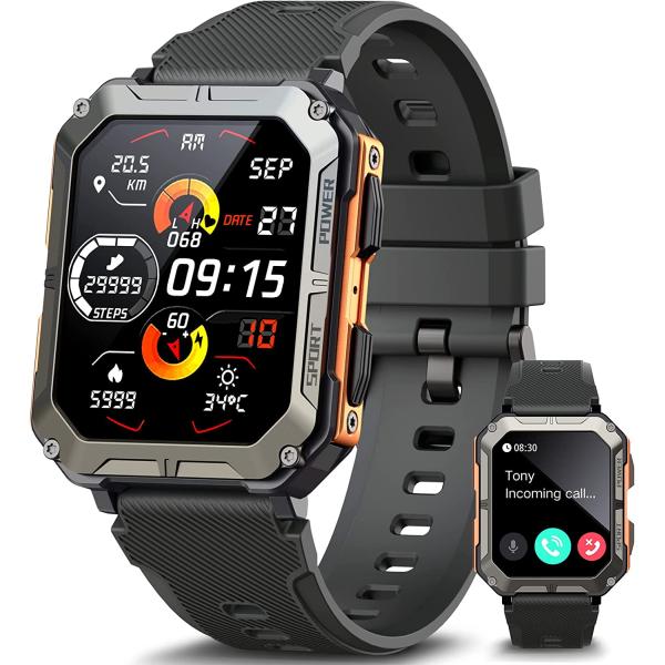 meoonley Military Rugged Smartwatch for Men,Sport Watch with Answer/Make Call IP68 1.83 inch Fitness Tracker Pedometer SpO2 for Outdoor Enthusiasts