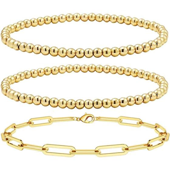 Reoxvo Gold Beaded Chain Bracelets Set for Women 14K Real Gold Plated Dainty Thin Gold Chain Link Bracelet Stack Adjustable Gold Bracelets Jewelry for Women Trendy