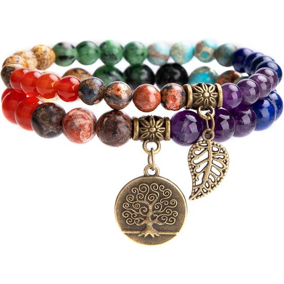 Bivei Natural Semi Precious Gemstone Beads Bracelet for Women - Tree of Life and Leaf Charm Energy Healing Reiki Crystal Stretch Bracelets