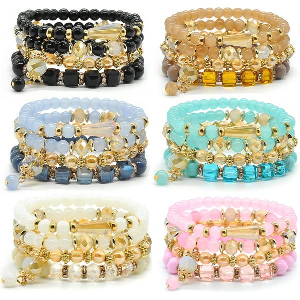 Bohemian Bracelet Sets for Women - 6 Sets Stackable Stretch Bracelets Multi-color Boho Jewelry for Women Hippie Bracelets Dainty Jewelry Best Friend Gift