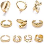 MOROYA 10PCS Gold Dome Chunky Rings for Women 18K Gold Plated Braided Twisted Round Signet Rings Adjustable Open Ring Band Statement Jewelry Size 7-9