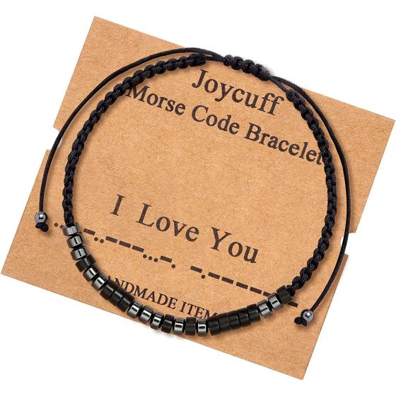 JoycuFF Inspirational Morse Code Bracelets for Women Men Mothers Day Birthday Christmas Gifts Mom Mother Father Daughter Aunt Grandmother Jewelry Cord Wrap Bracelet with Black Hematite Beads