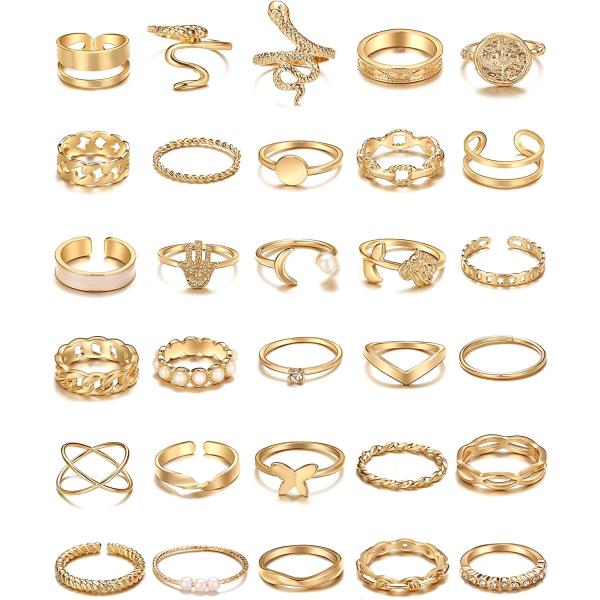 iF YOU 30 Pcs Vintage Gold Knuckle Rings Set, Boho Butterfly Snake Stackable Finger Rings for Women Girls, Silver Midi Rings Pack