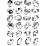 Vintage Silver Open Punk Rings for Men Women, 24PCS Adjustable Rings, Alt Rings, Chunky Silver Rings, Bulky Rings, Hippie Rings ,Cool Gothic Ring,Statement Stacking Ring, Skull Snake Star Flower Heart Eboy Emo Y2K Ring