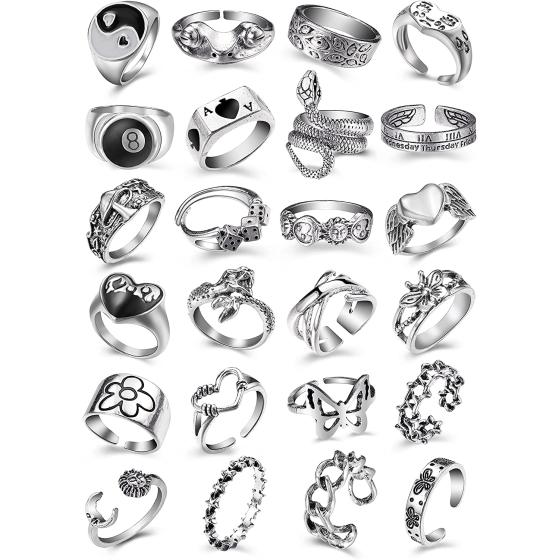 Vintage Silver Open Punk Rings for Men Women, 24PCS Adjustable Rings, Alt Rings, Chunky Silver Rings, Bulky Rings, Hippie Rings ,Cool Gothic Ring,Statement Stacking Ring, Skull Snake Star Flower Heart Eboy Emo Y2K Ring