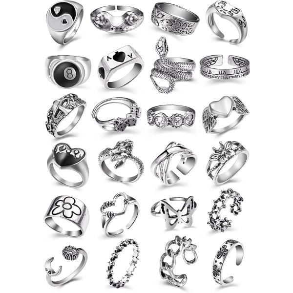 Vintage Silver Open Punk Rings for Men Women, 24PCS Adjustable Rings, Alt Rings, Chunky Silver Rings, Bulky Rings, Hippie Rings ,Cool Gothic Ring,Statement Stacking Ring, Skull Snake Star Flower Heart Eboy Emo Y2K Ring