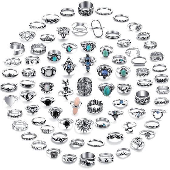 17 MILE 82 Pcs Vintage Silver Knuckle Rings Set for Women, Bohemian Stackable Joint Finger Rings, Retro Stone Crystal Stacking Midi Rings Pack