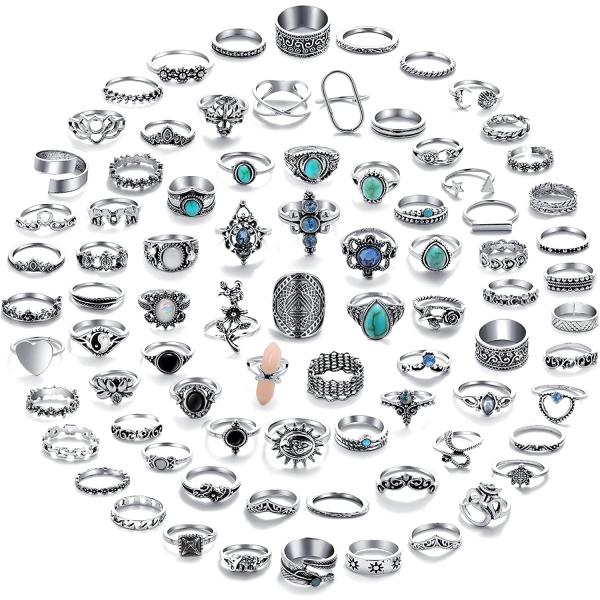 17 MILE 82 Pcs Vintage Silver Knuckle Rings Set for Women, Bohemian Stackable Joint Finger Rings, Retro Stone Crystal Stacking Midi Rings Pack