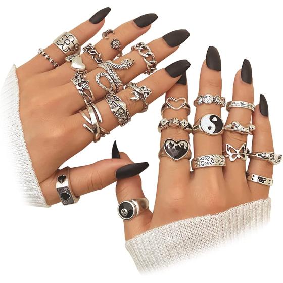 IFKM 15-63 PCS Vintage Silver Knuckle Rings Set for Women Teen Girl, Stackable Joint Finger Statement Rings Bohemian Retro Hollow Carved Midi Rings, Boho Y2k Snake Butterfly Heart Chunky Stacking Rings Pack