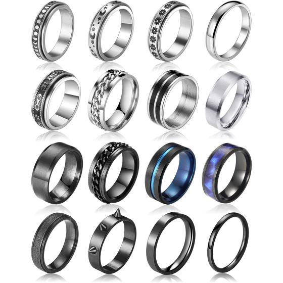FAXHION Stainless Steel Fidget Rings for Men Women, 16 PCS Men Rings Set, Fidget Rings for Anxiety, Cool Sliver Black Spinner Men's Band Ring Pack, Jewelry