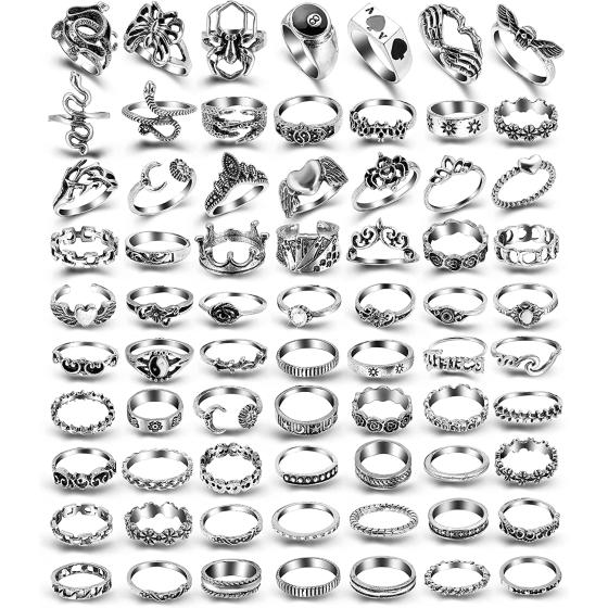 ShowAgain Silver Vintage Goth Punk Rings Set for Men Girls Women, Cool Gothic Ring Pack, Trendy Stackable Boho Chunky Knuckle Emo Full Finger Rings, Adjustable Open Snake Butterfly Ace Eboy Y2k Ring