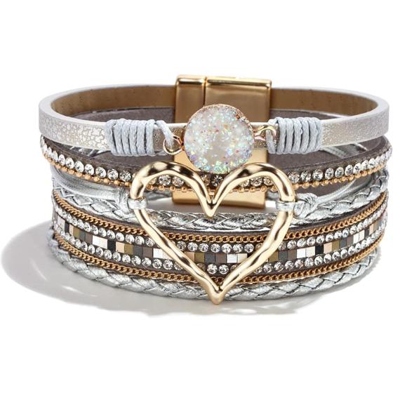 Long tiantian Multilayer Wrap Leather Bracelet Heart Modern Boho Bracelet with Magnetic Clasp Cuff Rhinestone Leather Bracelets for Women