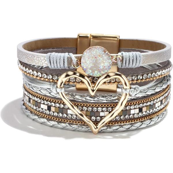 Long tiantian Multilayer Wrap Leather Bracelet Heart Modern Boho Bracelet with Magnetic Clasp Cuff Rhinestone Leather Bracelets for Women