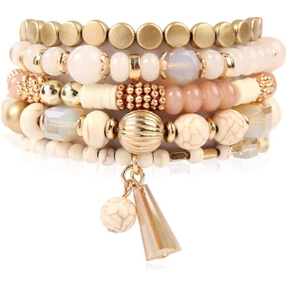 RIAH FASHION Bohemian Mix Bead Multi Layer Versatile Statement Bracelets - Stackable Beaded Strand Stretch Bangles Sparkly Crystal, Tassel Charm