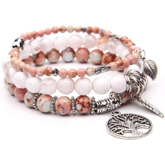 Tree of Life Turquoise Jasper & Tibetan Agate Gemstone Chakra Beaded Bracelet | Beach Charm Bracelet Set - Ocean Jewelry……