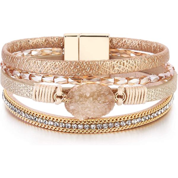 FANCY SHINY Leather Wrap Bracelet Boho Cuff Bracelets Crystal Bead Bracelet with Magnetic Clasp Jewelry Gifts for Women Teen Girls
