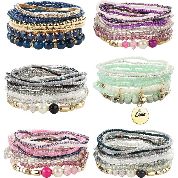 FIBO STEEL 6 Sets Bohemian Stackable Bead Bracelets for Women Stretch Multilayered Bracelet Set Multicolor Boho Jewelry