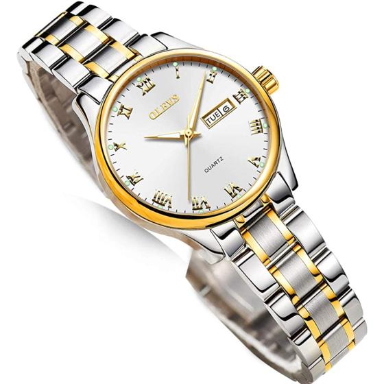 Business Women Watches Day Date,Woman Watches with Silver Gold Stainless Steel,Fashion Luminous Ladies Watches with Black/White Dial,Roman Numeral Womens Watches,Small Face Waterproof Ladies Watches