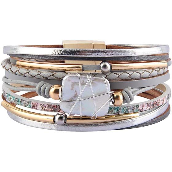 Fesciory Leopard Bracelet for Women, Boho Leather Wrap Multi-Layer Pearl Crystal Bracelet Bangle Jewelry