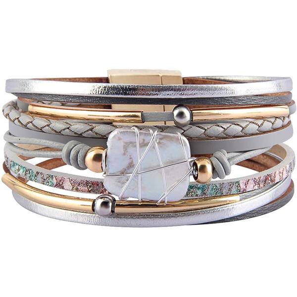 Fesciory Leopard Bracelet for Women, Boho Leather Wrap Multi-Layer Pearl Crystal Bracelet Bangle Jewelry