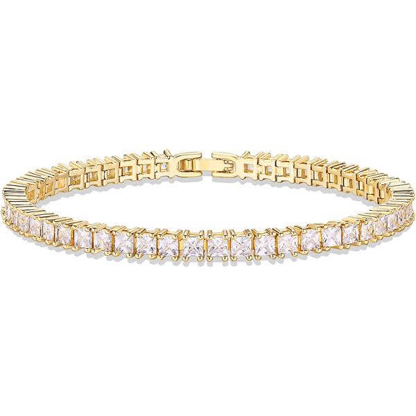 PAVOI 14K Gold Plated Princess Cut Cubic Zirconia Classic Tennis Bracelet | Gold Bracelets for Women | 3mm CZ, Size 6.5-7.5 Inch