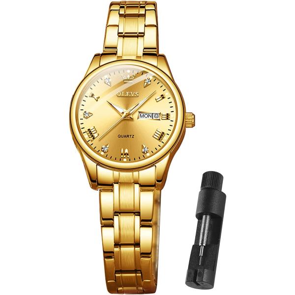 OLEVS Gold Watches for Women Luxury Wrist Watches Day and Date Waterproof Stainless Steel Quartz Analog Lightweight Ladies Watches Adjustable Bracelet Simple Dress Wristwatch Gold Black White Dial