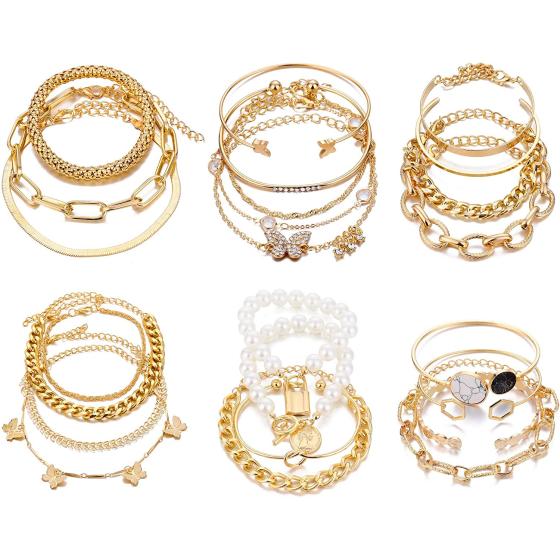 IFKM 6 PACK (24 PCS) Boho Gold Chain Bracelets Set for Women Girls, 14K Gold Plated Multiple Layered Stackable Open Cuff Wrap Bangle Adjustable Link Italian Cuban Jewelry for Women Girls Gift…