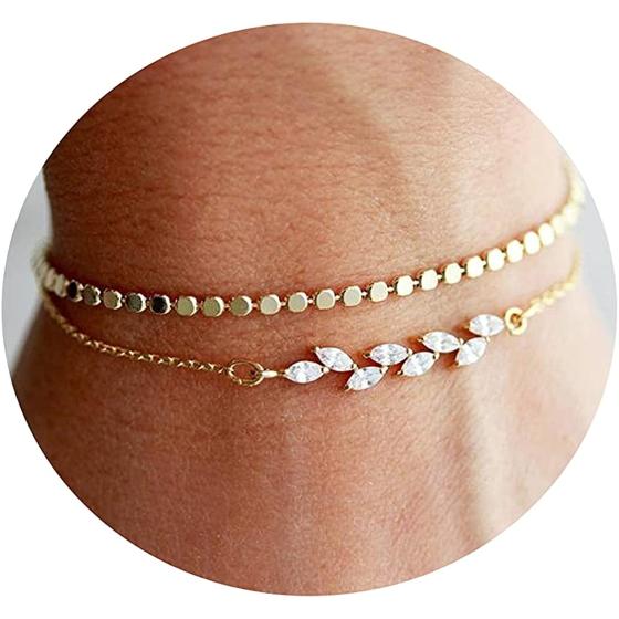 MIDEEO Gold Plated Bracelets for Women Dainty Layered Herringbone Twisted Rope Chain Bracelets Set Layering Dot CZ Leave Beaded Bracelets Dainty Cubic Zirconia Tennis Chain Bracelet Jewelry Gifts
