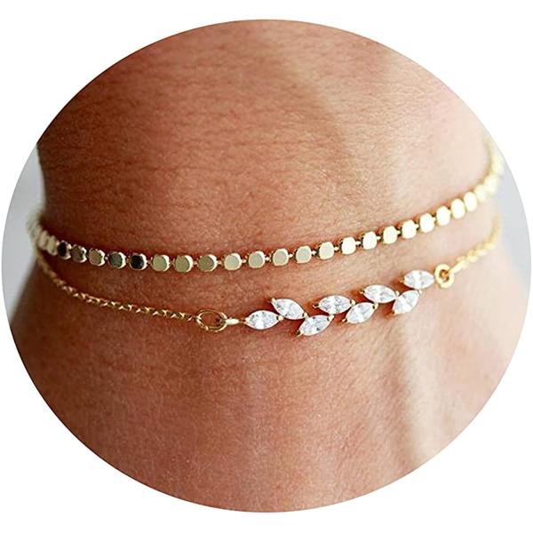 MIDEEO Gold Plated Bracelets for Women Dainty Layered Herringbone Twisted Rope Chain Bracelets Set Layering Dot CZ Leave Beaded Bracelets Dainty Cubic Zirconia Tennis Chain Bracelet Jewelry Gifts