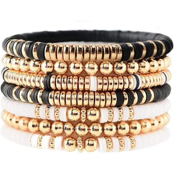 GOOJIDS Surfer Heishi Clay Bead Bracelets for Women Bohemian Stackable Evil Eye Vinyl Disc Beaded Stretch Bracelets Elastic Layering Friendship Bracelets Boho Jewelry