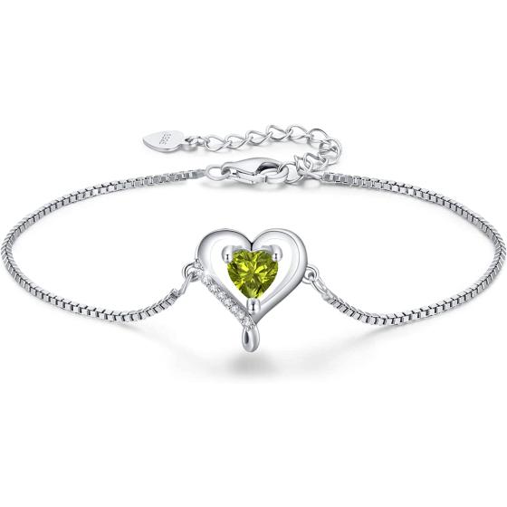 LAVUMO Heart Bracelet for Women 925 Sterling Silver Bracelet with Birthstone Zirconia,Adjustable Bracelet Best Mother's Day Gifts for Women Girls Chain Length 6.7"+1.6" Extend